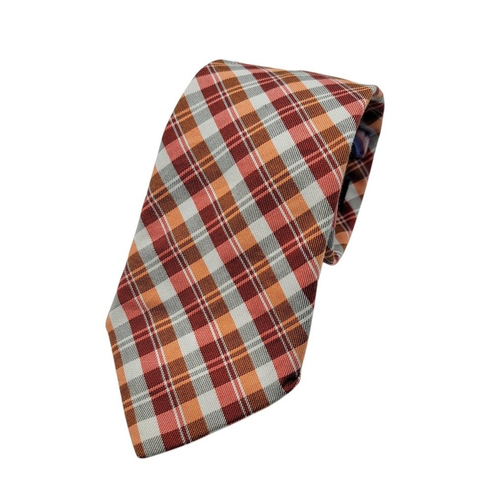 Ted Baker London Mens Plaid Cotton Silk‎ Tie Gray Peach Salmon Colors Necktie